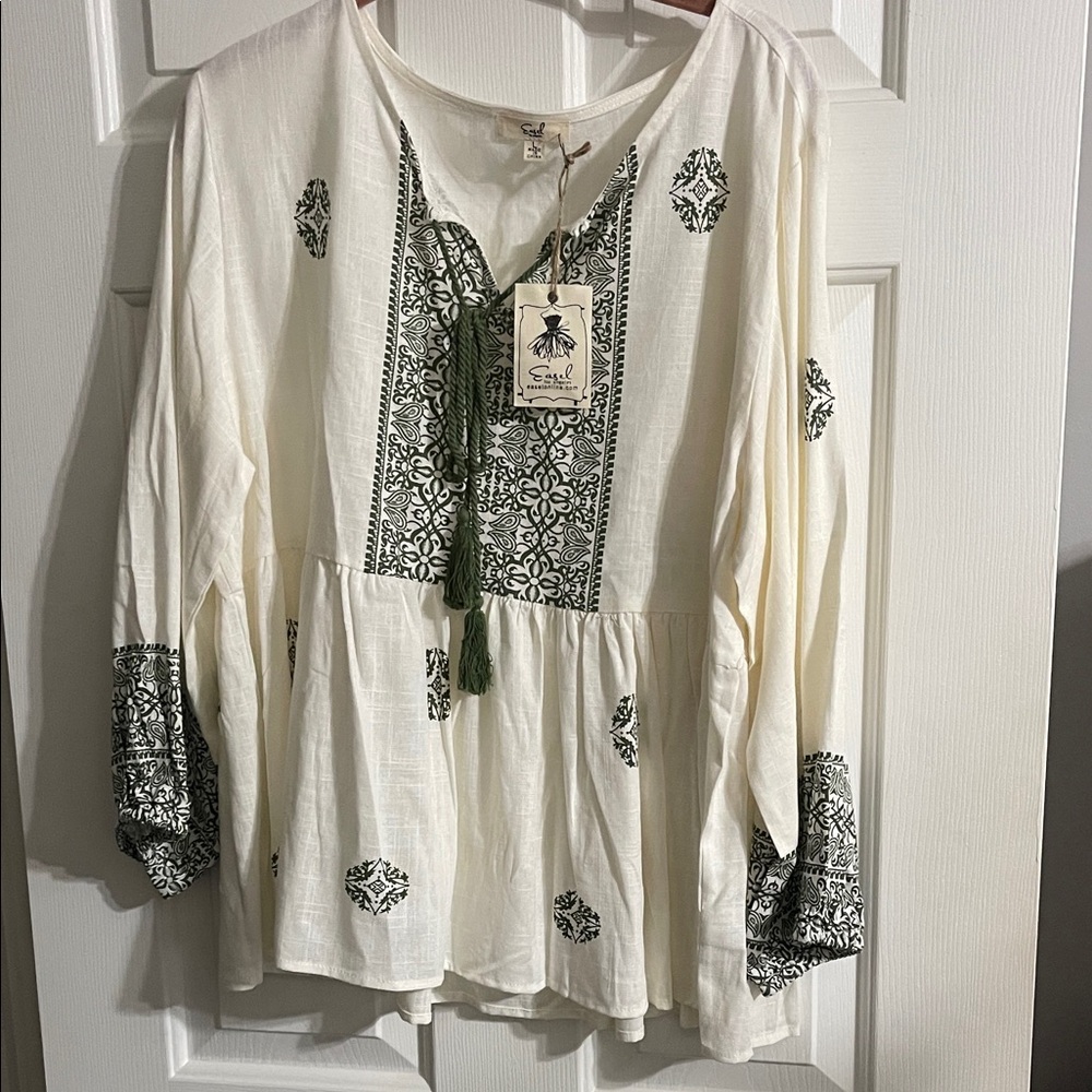easel Cream Peasant Top with Green Print and Tassels